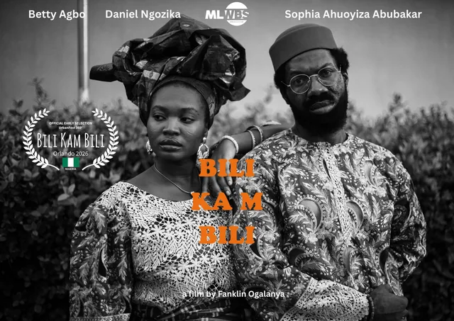 Bili kam Bili poster: black-and-white portrait of a couple in traditional attire, UrbanFest 360 official early selection laurel